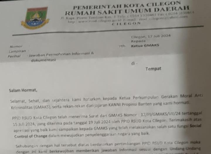PPID RSUD Cilegon Diduga Tak Paham UU KIP, GMAKS Minta APH Usut Proyek Dinkes