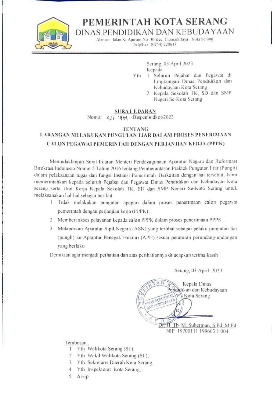 Dindikbud Kota Serang Keluarkan SE Serius Bersihkan Calo dan Pungli