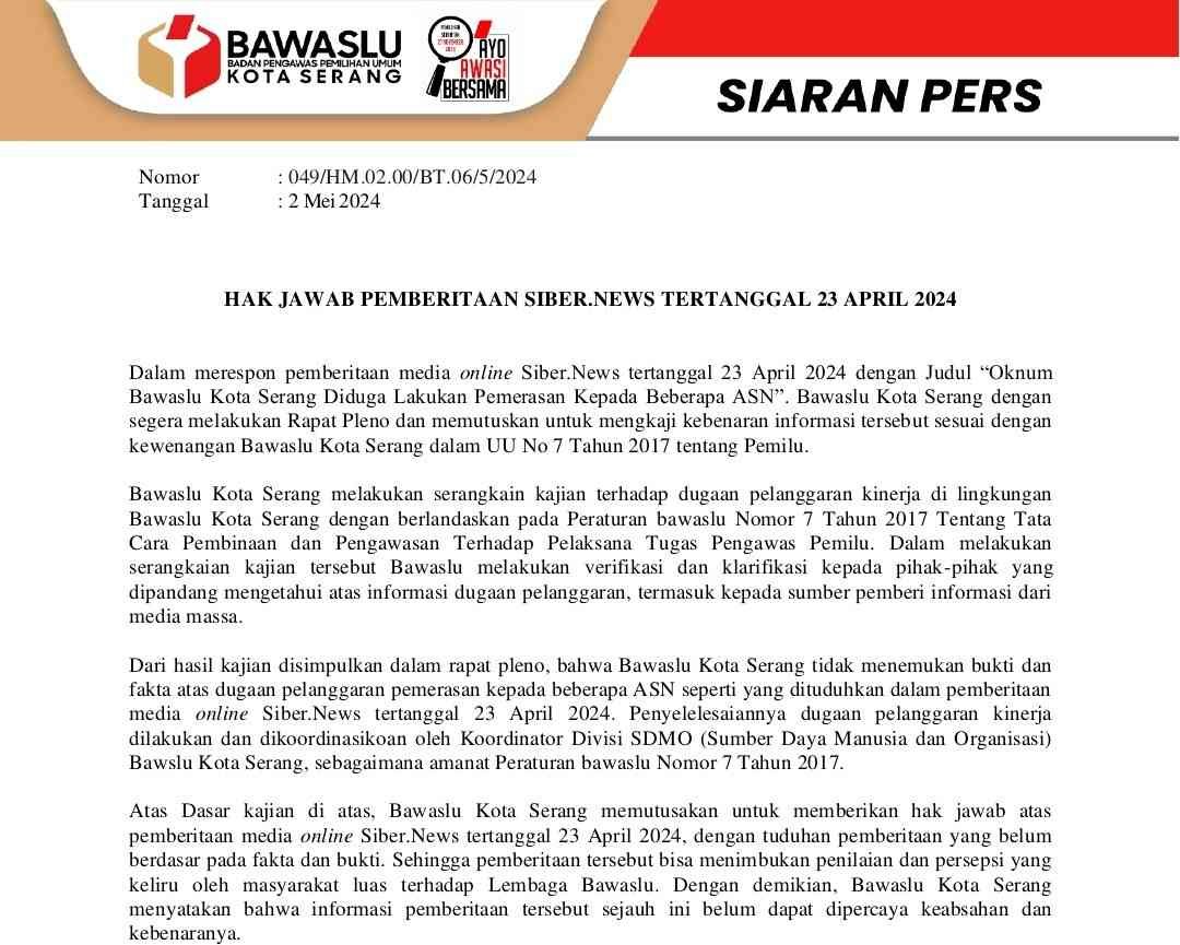 Hak Jawab Bawaslu Kota Serang terhadap Pemberitaan Siber.news