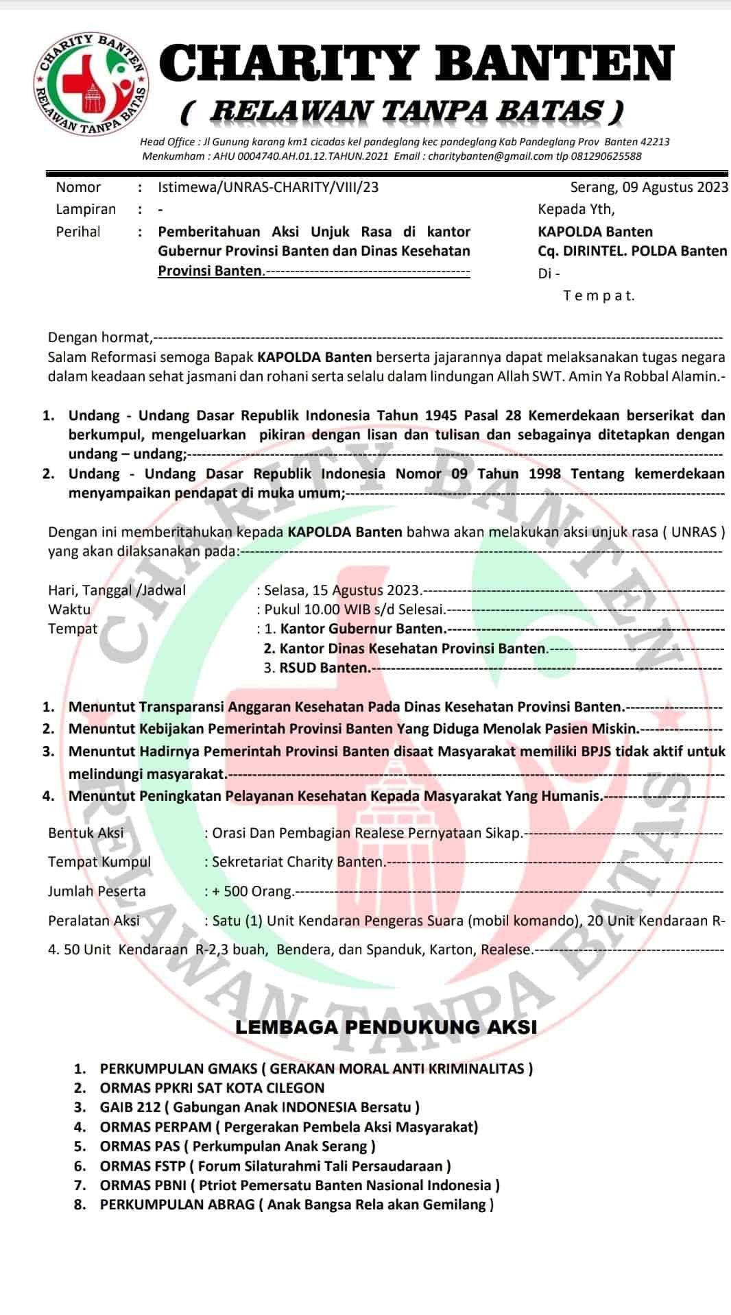 Relawan Charity Banten dan 8 Ormas Akan Unjuk Rasa atas Penolakan Pasien Miskin oleh RSUB