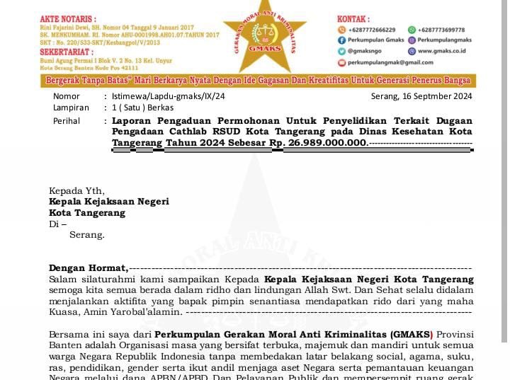 GMAKS Minta Kejari Usut Tuntas Dugaan Kolusi Pengadaan Cathlab Rp26 Miliar di RSUD Kota Tangerang