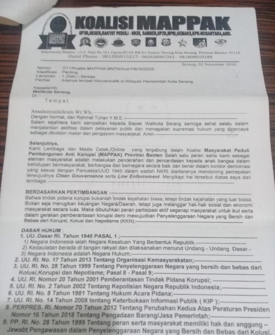 Walikota Serang Diduga Tak Menjawab Surat Audensi MAPPAK Soal THM