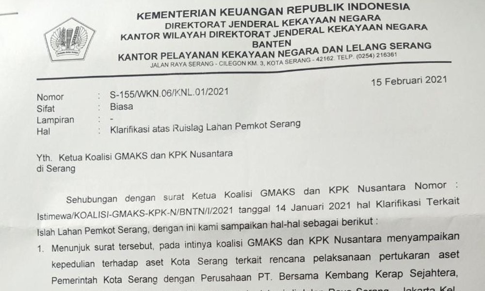 Jawaban KPKNL Banten Soal Sengketa Lahan Pemkot Serang dengan PT Bersama Kembang Kerap Sejahtera