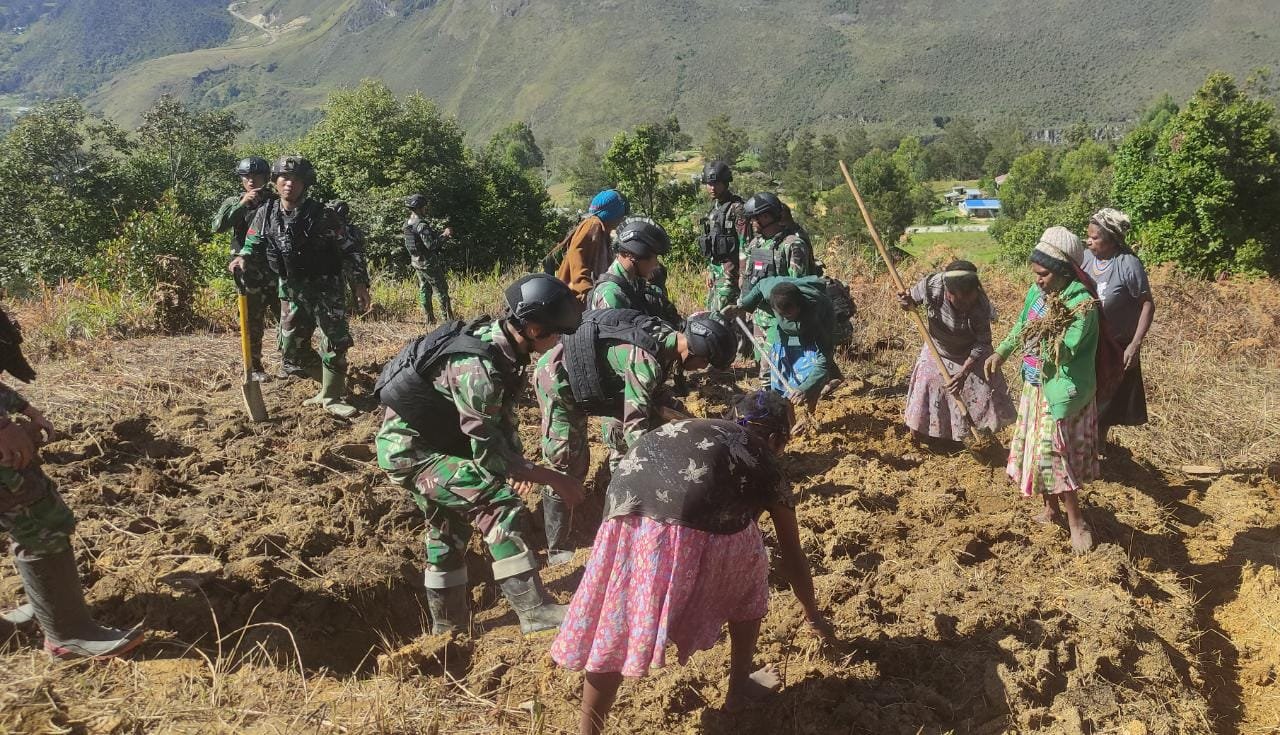Yonif Mekanis 203/AK Bersama Warga Buka Lahan Tidur Cegah Krisis Pangan di Pegunungan Tengah Papua