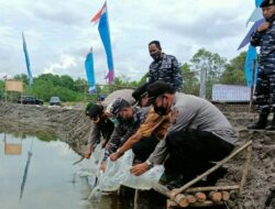 Lanal TBA dan Forkopimda Tebar Benih Udang di Posal Bandar Khalifah