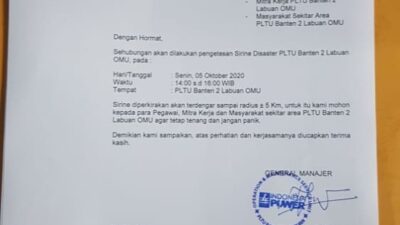 Senin Ini PLTU 2 Labuan Banten Uji Sirine Bencana