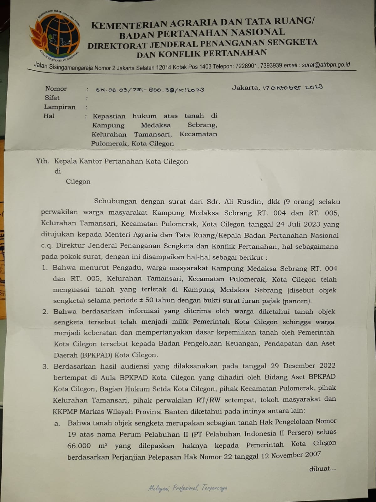 Masyarakat Medaksa Sebrang Apresiasi Menteri ATRBPN soal Penanganan Sengketa Lahan Cilegon