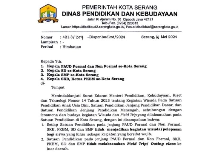 Dindikbud Kota Serang Larang Outing Class ke Luar Daerah dalam Edaran Terbaru