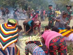 Masyarakat Timeria dan Satgas Pamtas Yonif Raider 142/KJ Gelar Bakar Batu sebagai Wujud Syukur