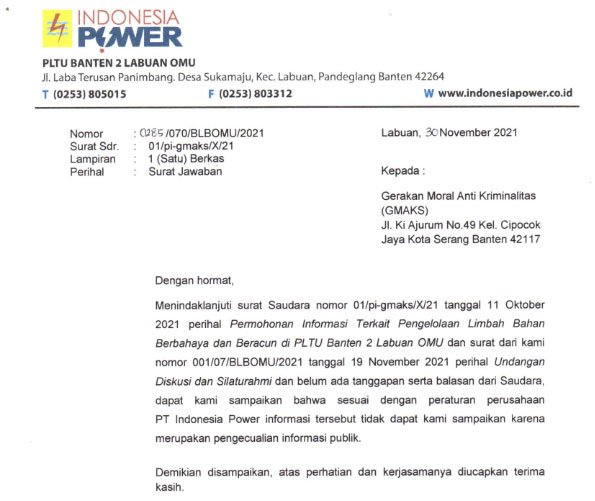 PLTU Banten 2 Labuan Klaim Data Limbah B3 Dikecualikan dari Publik