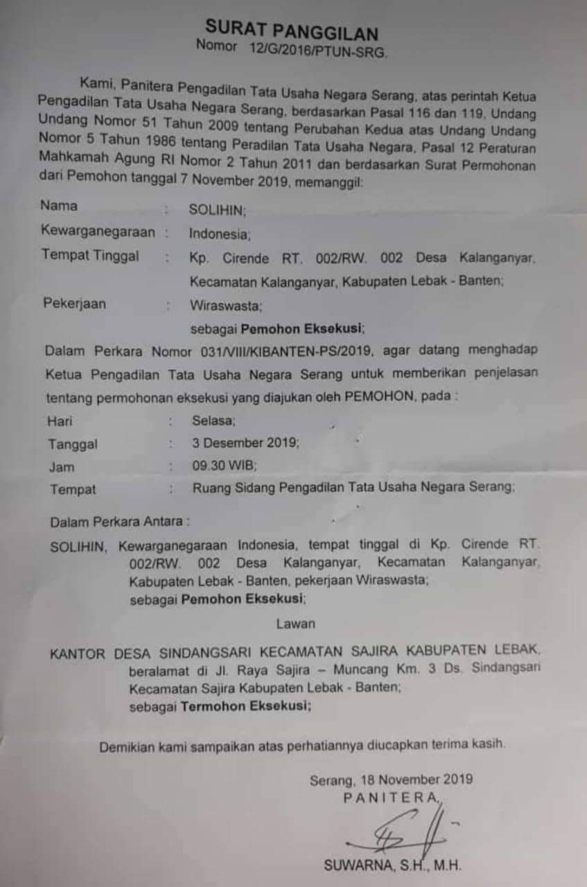Desa Sindangsari Lebak Banten Mangkir dari Persidangan