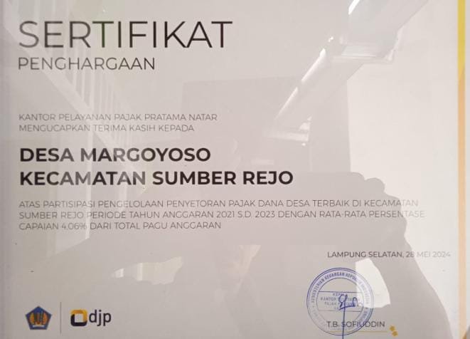 Margoyoso Raih Sertifikat Pembayar Pajak Terbaik dan Realisasi ADD Tertinggi