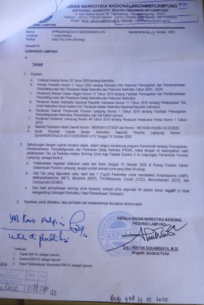 54 Pejabat Eselon II Lampung Hasil Tes Urine BNN Bebas Narkoba