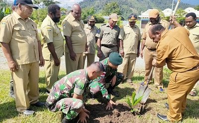 Dansatgas Yonif Raider 142/KJ Tanam Bibit Pinang Bersama Sekda Yalimo