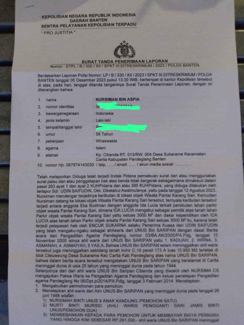 Kuasa Hukum Nursiman Laporkan Dugaan Penyerobotan Lahan ke Polda Banten