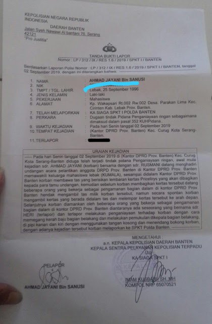 PAMDAL DPRD Banten Dilaporkan ke Polisi karena Pemukulan Mahasiswa KUMALA