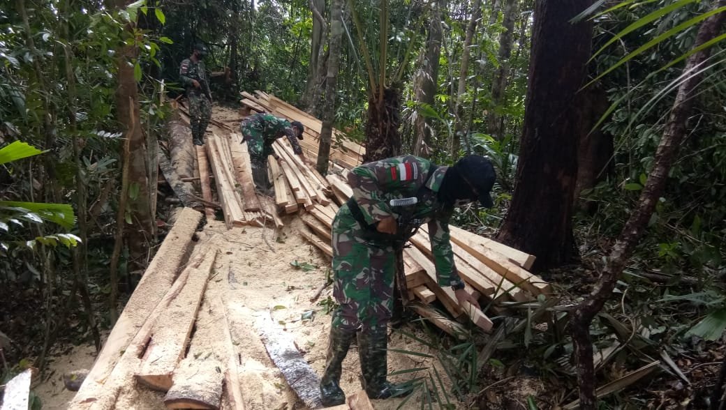 Yonif 642/Kapuas Amankan Kayu Hasil Illegal Logging di Perbatasan