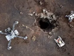 Robot yang terjun ke pipa batu bata untuk mempersiapkan basis bulan mendatang